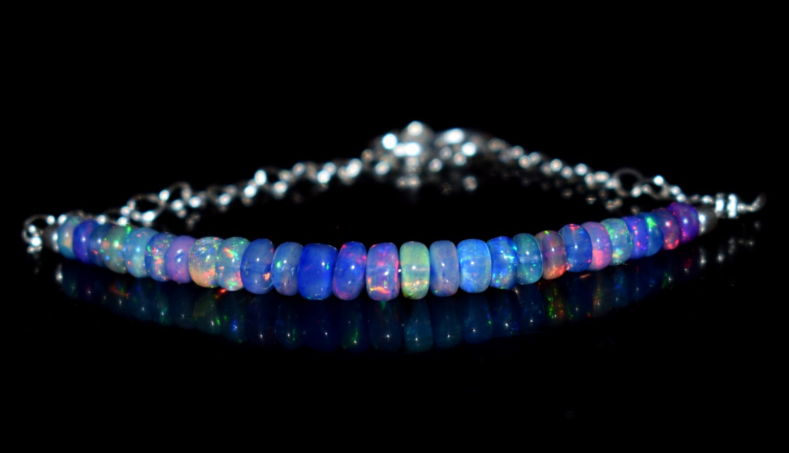 Solid 925 Sterling Silver Natural Ethiopian Opal Gemstone Beads 7″Bracelet F1922