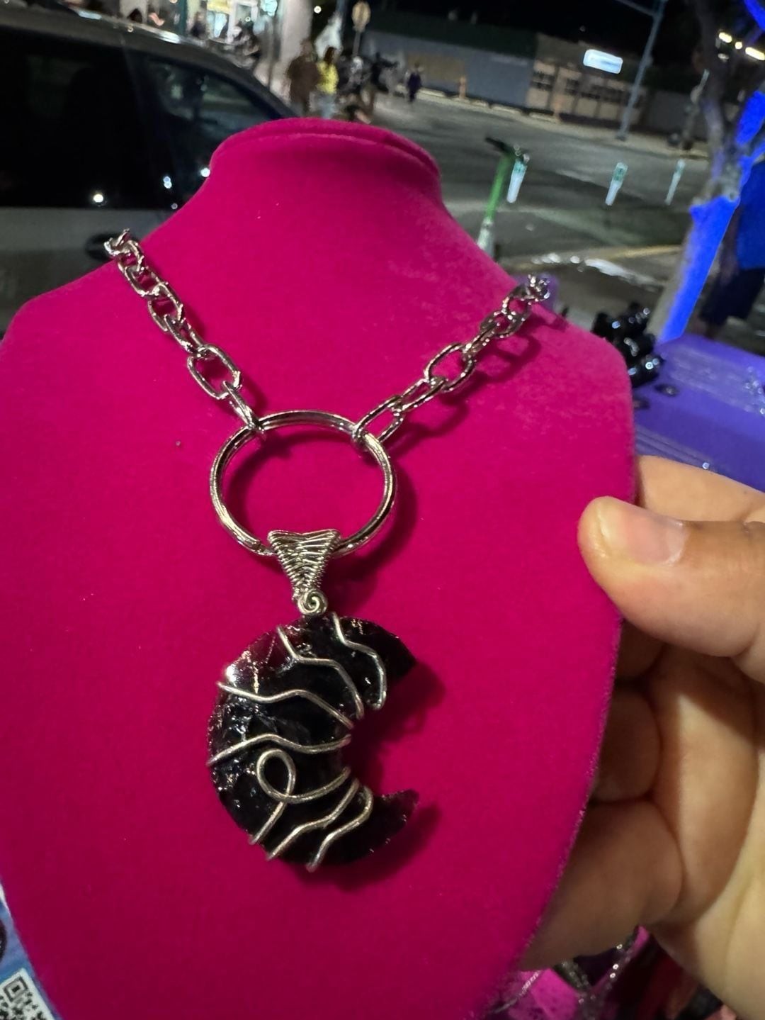 Wire-Wrapped Black Obsidian Crescent Moon Pendant Necklace