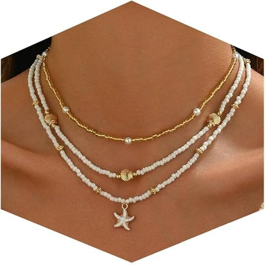 Boho Shell Starfish Layered Necklace Women Gold Plated Beach Jewelry
