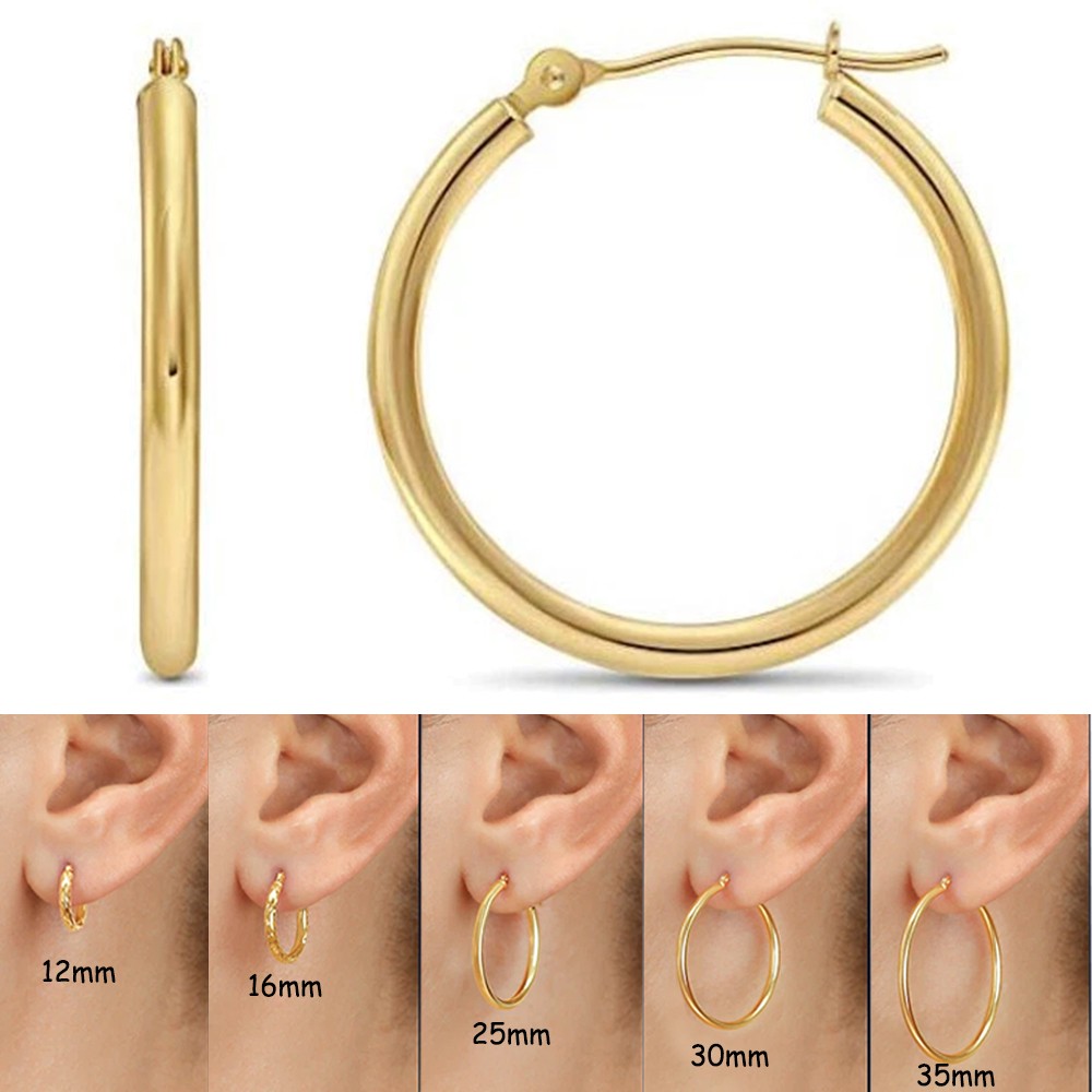 14K Real Solid Yellow Gold Shiny Polished Round Creole Hoop Earrings All Sizes