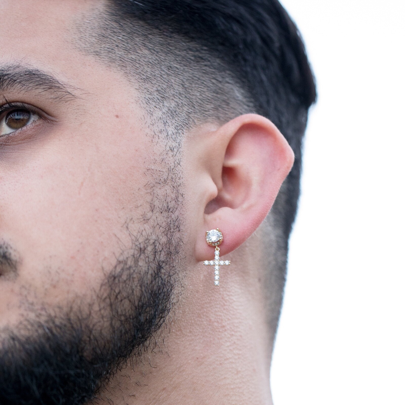 Iced 14k Yellow Gold Plated Small Cz Cross Dangle Drop Stud Earrings For Men