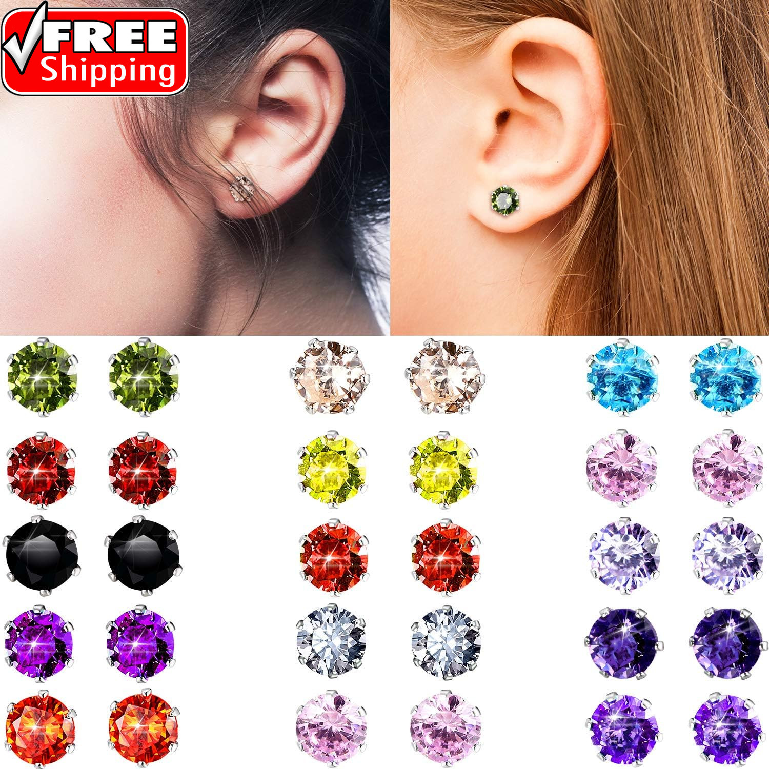 15 Pairs Stainless Steel Stud Earrings for Women Birthstone Hypoallergenic Cubic