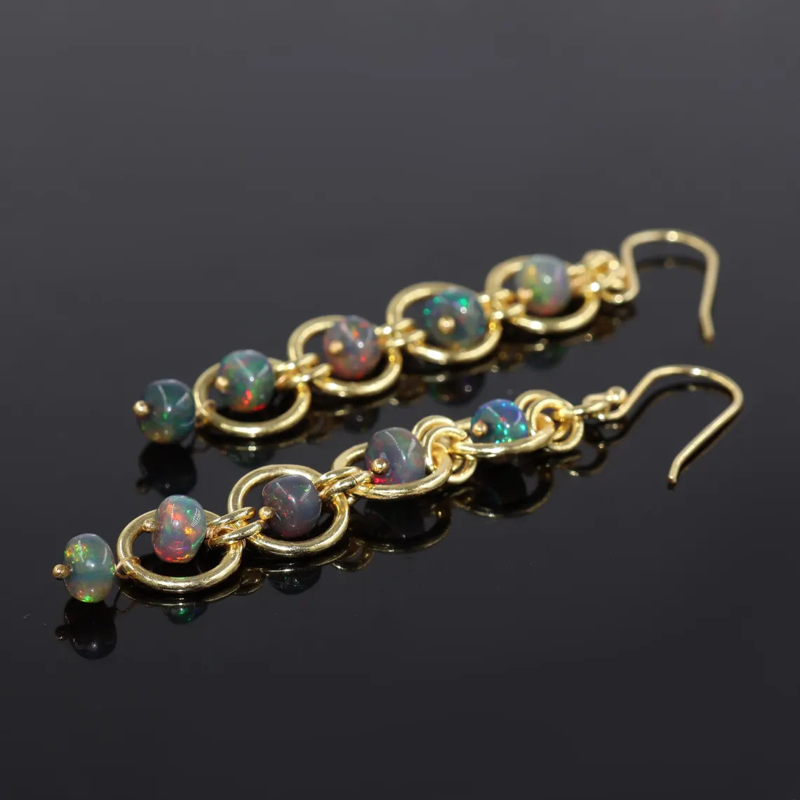 Black Ethiopian opal Chain link dangle handmade Earrings jewelry Gift 18k gold