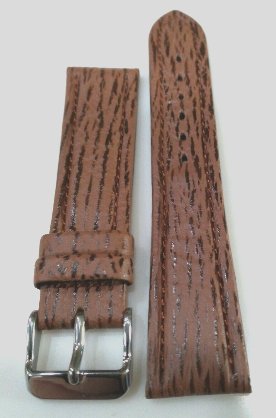 Brown Genuine Shark Sharkskin 20mm Regular Padded Watch Band Silver Tone Buckle
