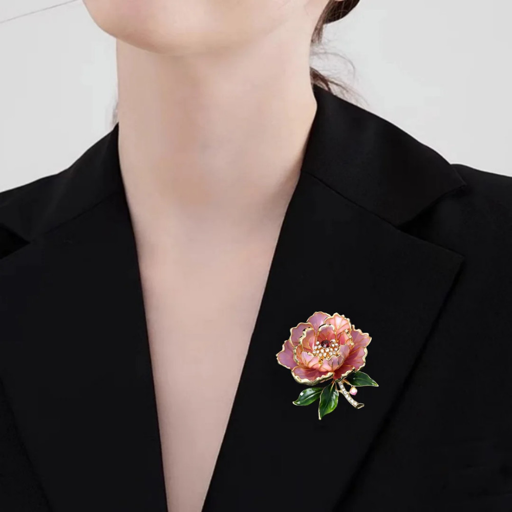 Gold Pink Peony Crystal Flower Brooch Enamel Rhinestone Pin Summer Jewelry Gift