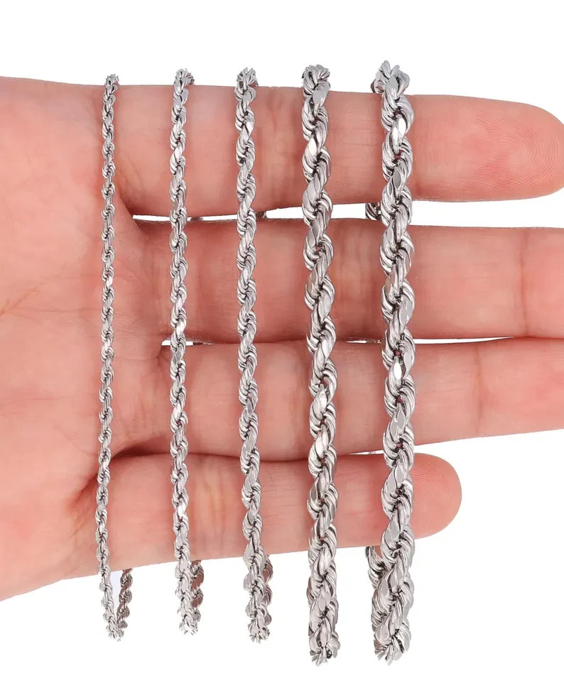 10K White Gold Rope Chain Bracelet Diamond Cut Real Gold 2mm-5mm 7-9in Unisex
