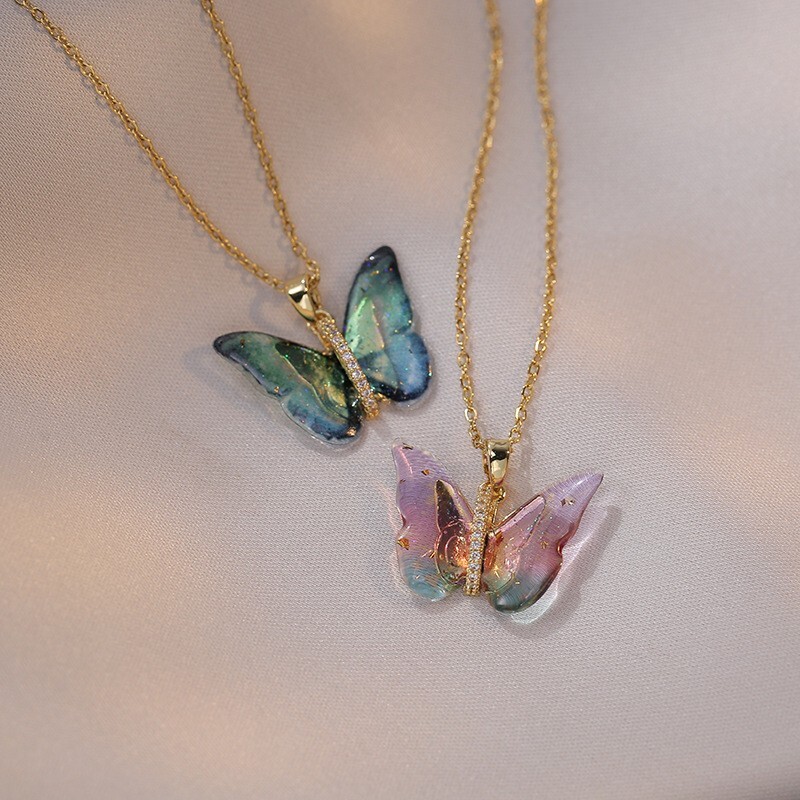 Colored Stone Butterfly Pendant Necklace in Stainless Steel