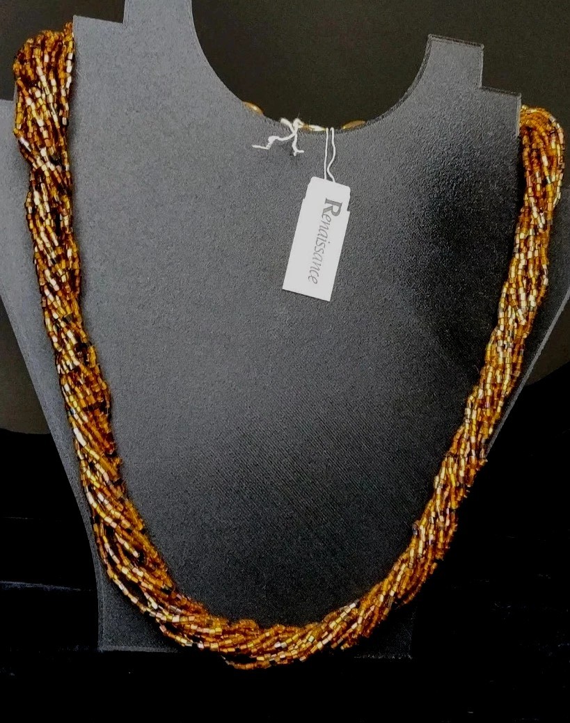 Vintage Czech Republic Boho Caramel Black Gold Glass Bead 12 Strand Necklace 50s