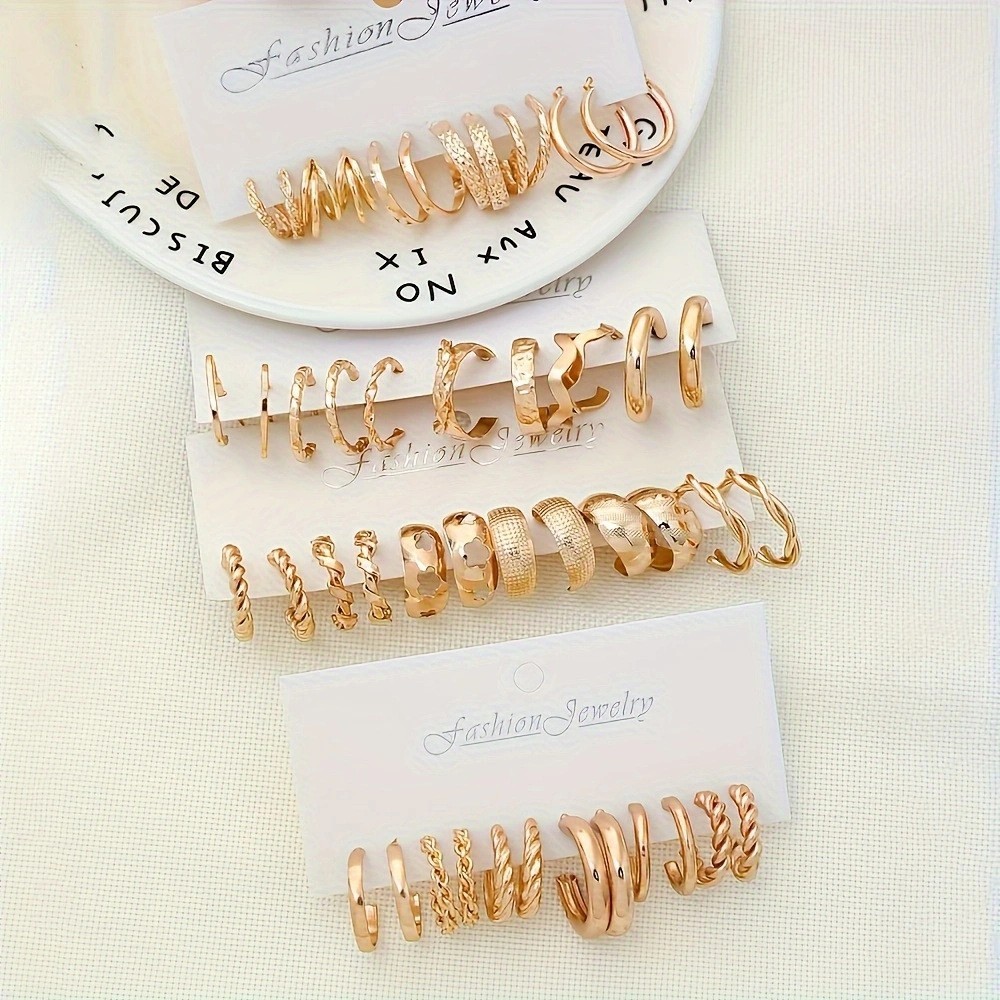 24pair Women’s Geometric C-Shape Wave TwistedEarrings Set – Fashion Jewelry