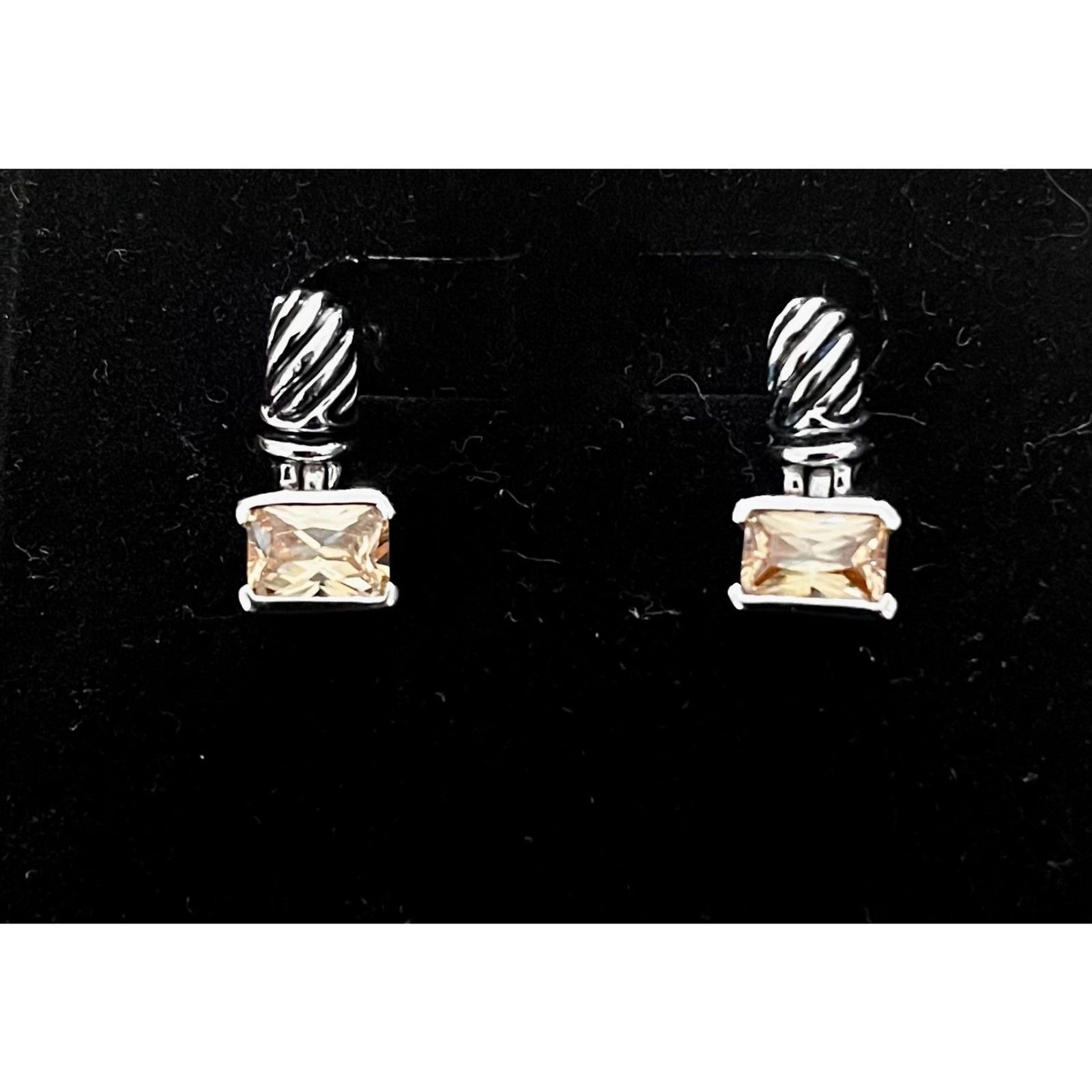 Silver / Black Accent Rope Twist Drop Earrings Cushion Cut Citrine (Post Backs)