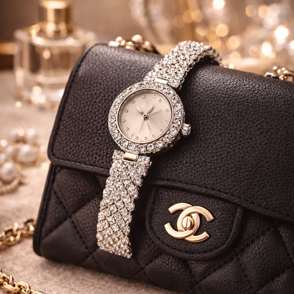 Women’s Silver Rhinestone Bracelet Watch Crystal Bezel Elegant Dress Quartz