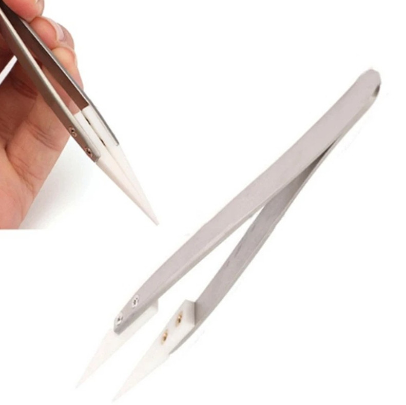 1pc Ceramic Tip Precision Tweezers Heat Resistant Stainless Steel Soldering Tool