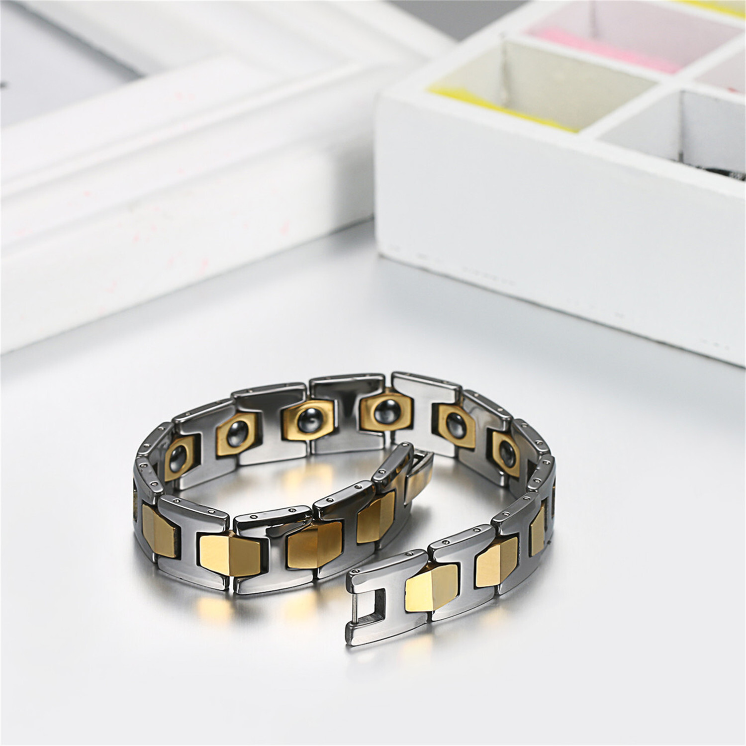 Men’s Polished Tungsten Carbide Magnetic Energy Therapy Power Bracelet Golf Link
