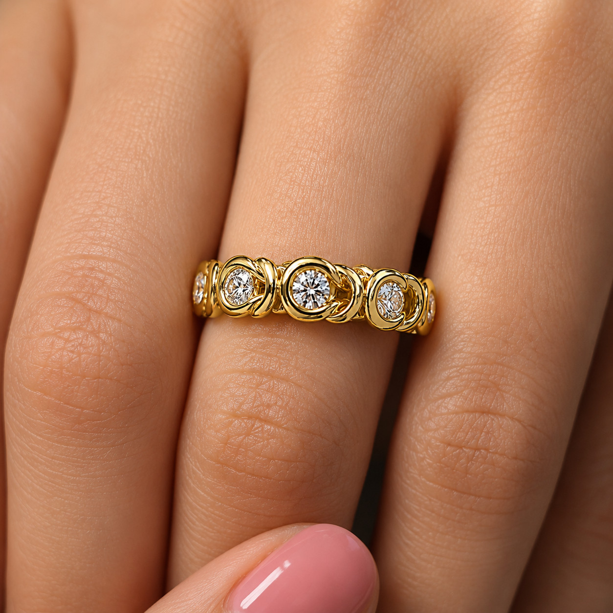1.00 CTW Round Lab Grown Diamond Chain Link Ring Bezel Set 925 Silver DEF VVS VS