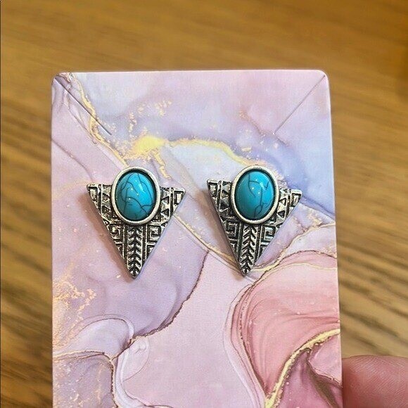 Turquoise Earrings Boho Triangle Stud Earrings Silver Tone Jewelry