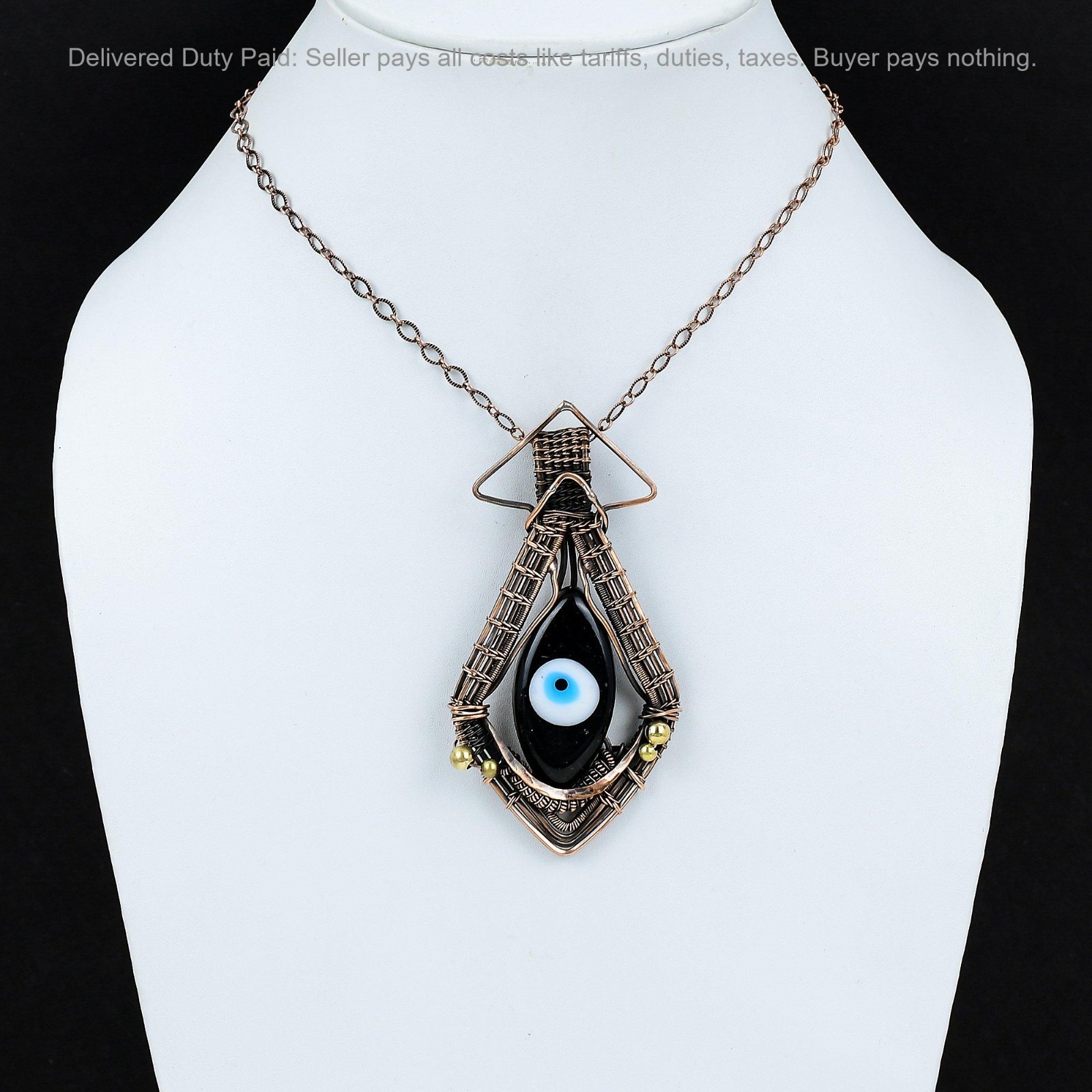 Copper Marquise Black Color Evil Eye Stone Wife Trendy Wire Wrapped Boho Pendant