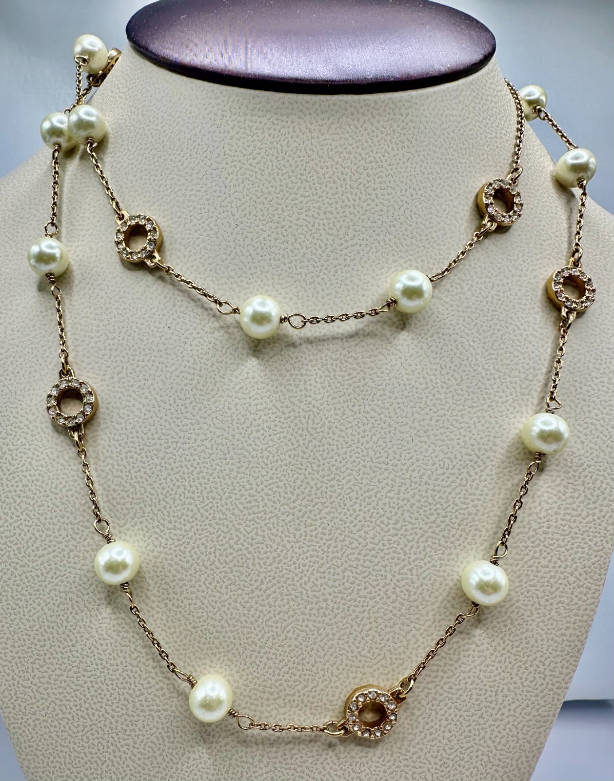 J.Crew signed chain Eternity link faux pearl Necklace rhinestone gold tone 32″L