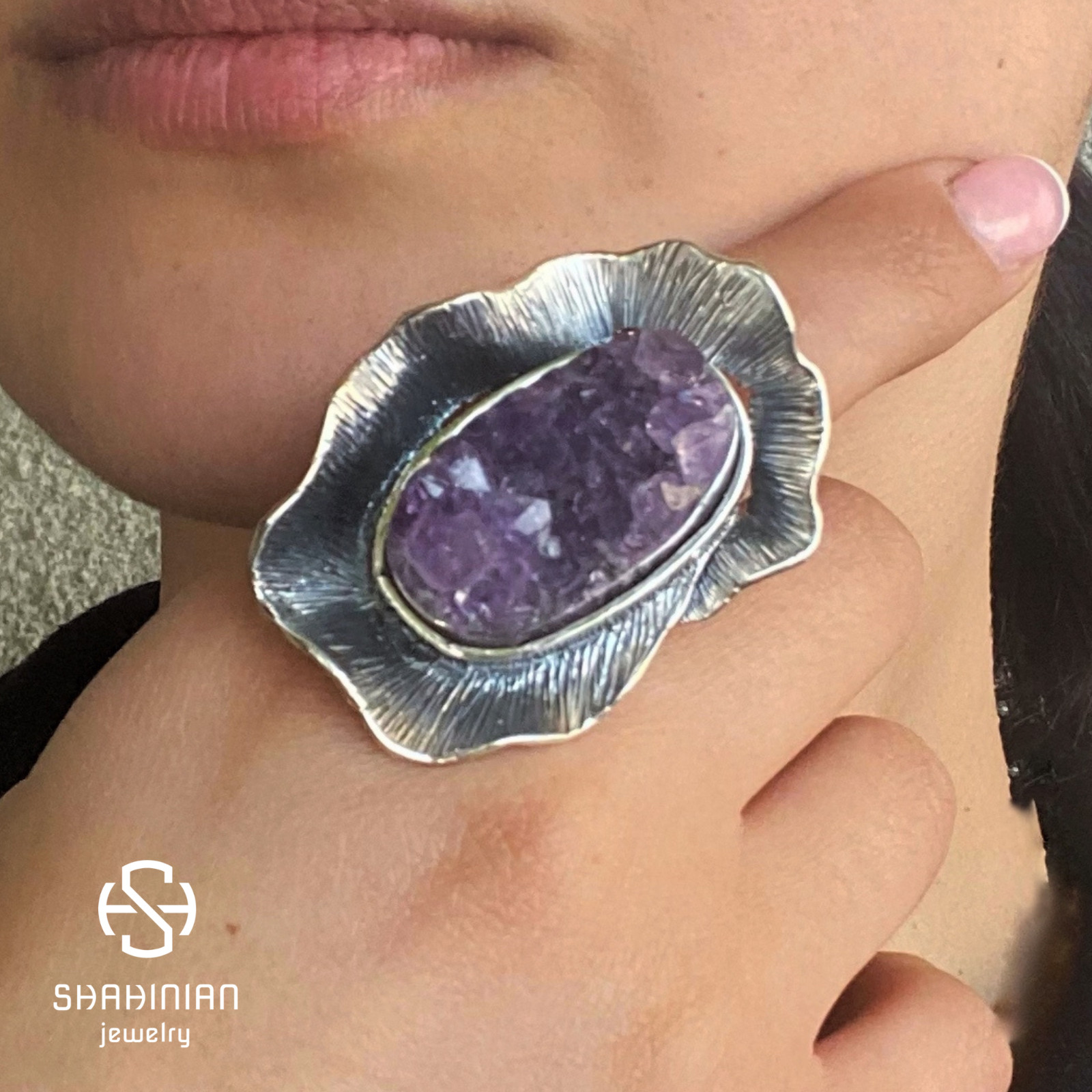 Big flower Raw Amethyst Ring Sterling Silver Purple Druzy large ring, Armenia