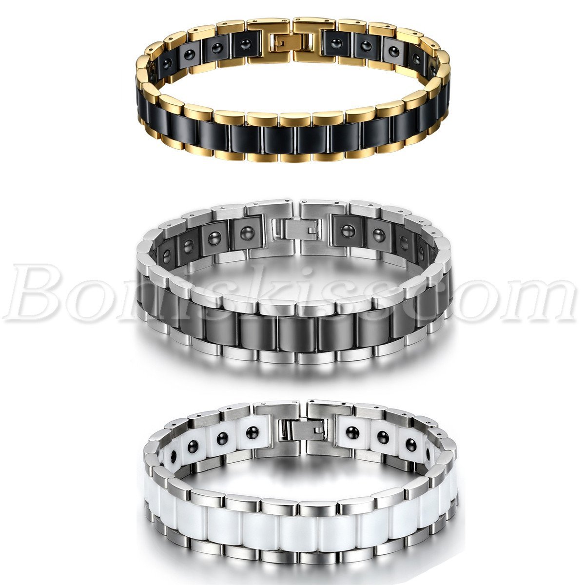 Men’s Wide Ceramic Link Stainless Steel Health Power Therapy Magnetic Bracelet