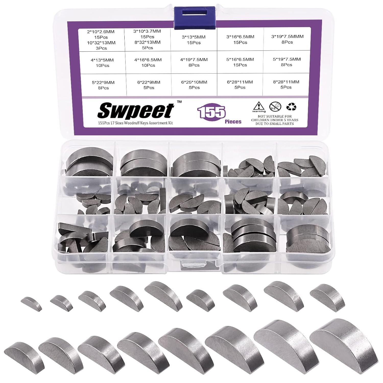 Swpeet 155Pcs 17 Sizes 2mm 3mm 4mm 5mm 6mm 8mm 10mm 12mm Woodruff Keys Half Moon