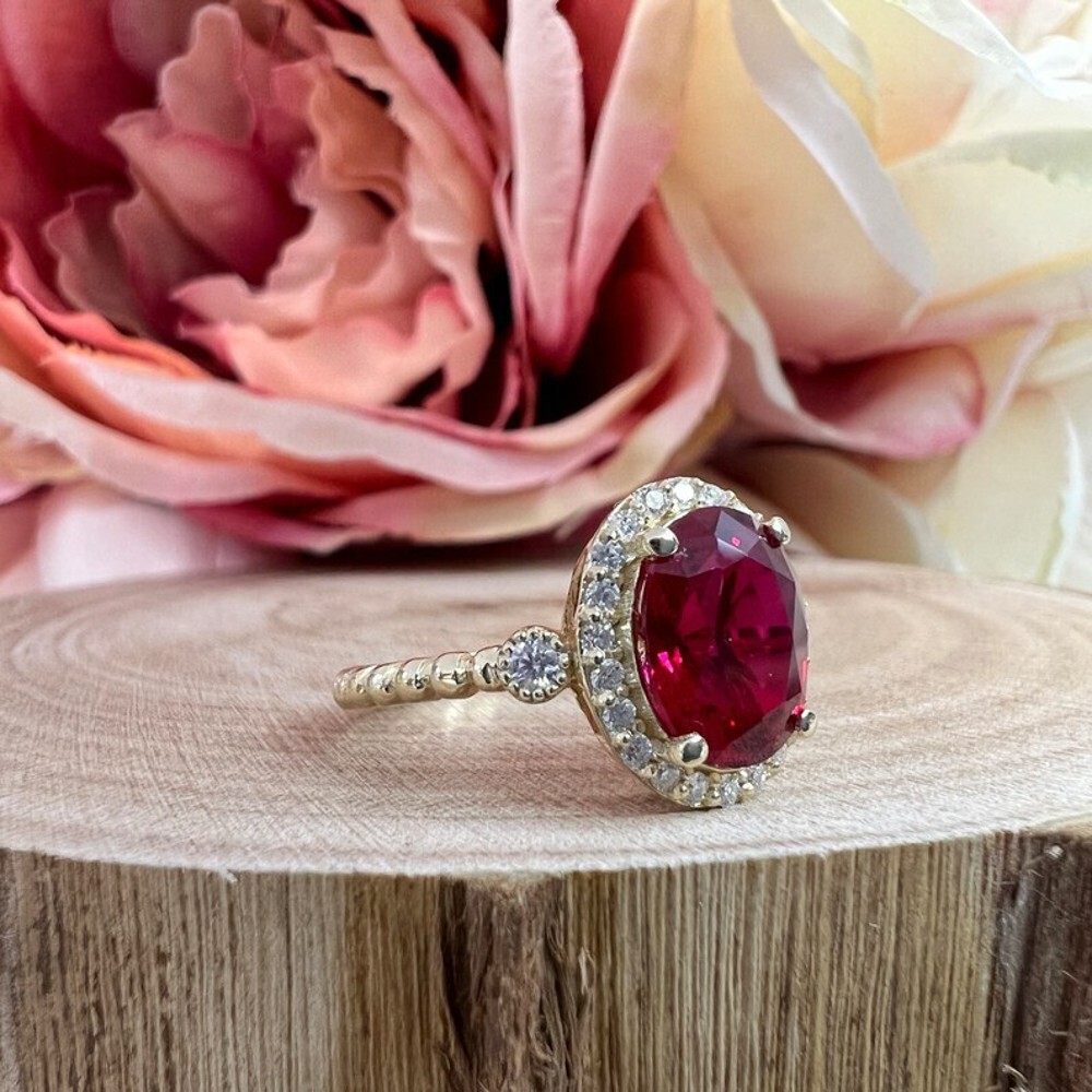 14K Yellow Gold Wedding Ring Lab Created 3.50 Ct Diamond Women Ruby Oval Red