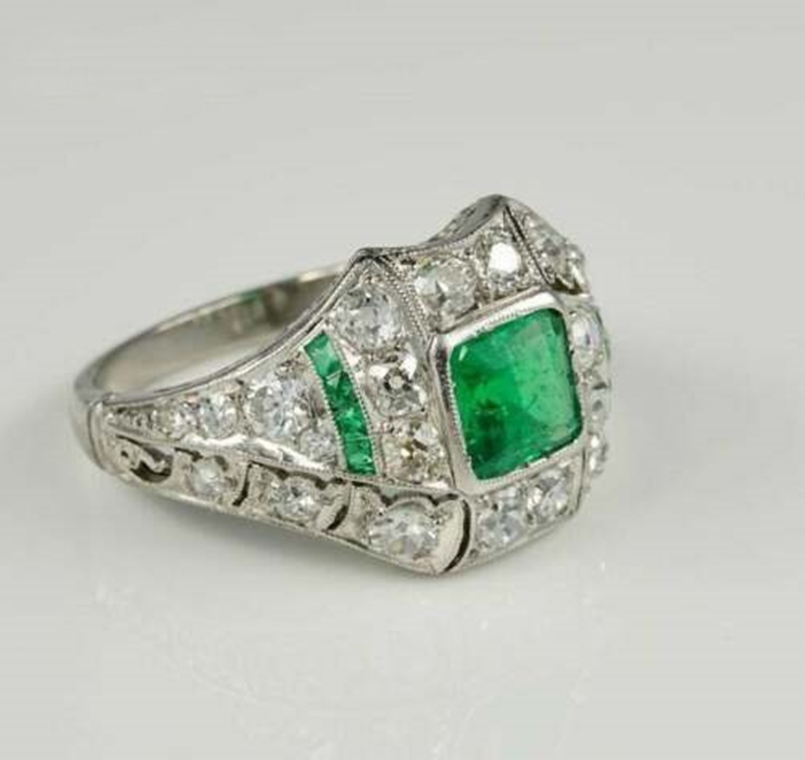 Green Princess Cut Simulated Diamond 14K Gold Art Deco Bezel Set Engagement Ring