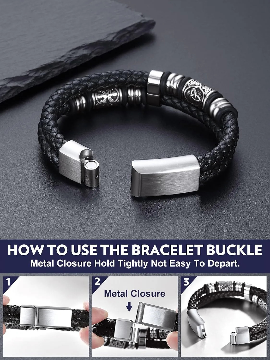 Men Black Double Wax Rope Bracelet Waterproof Stainless Steel Celtic Knot 7 9…