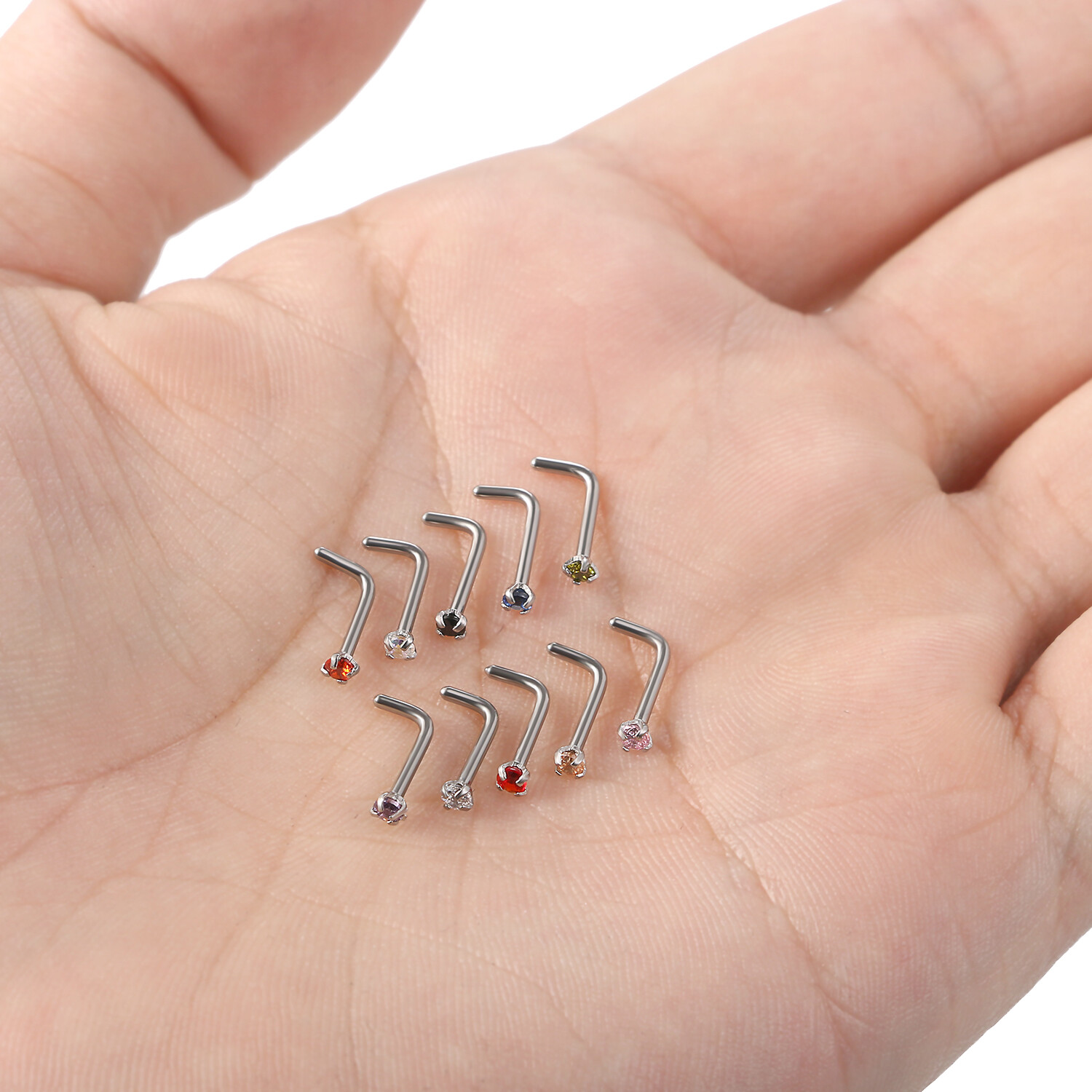 10PCS 18G Surgical Steel Color CZ Nose Stud Rings L Shaped Body Piercing Jewelry