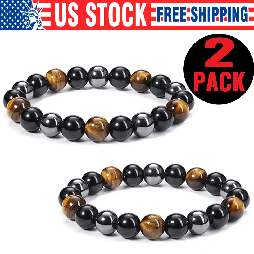 Natural Energy Healing Stretch Bracelet Stone Hematite Tiger Eye for Men Women