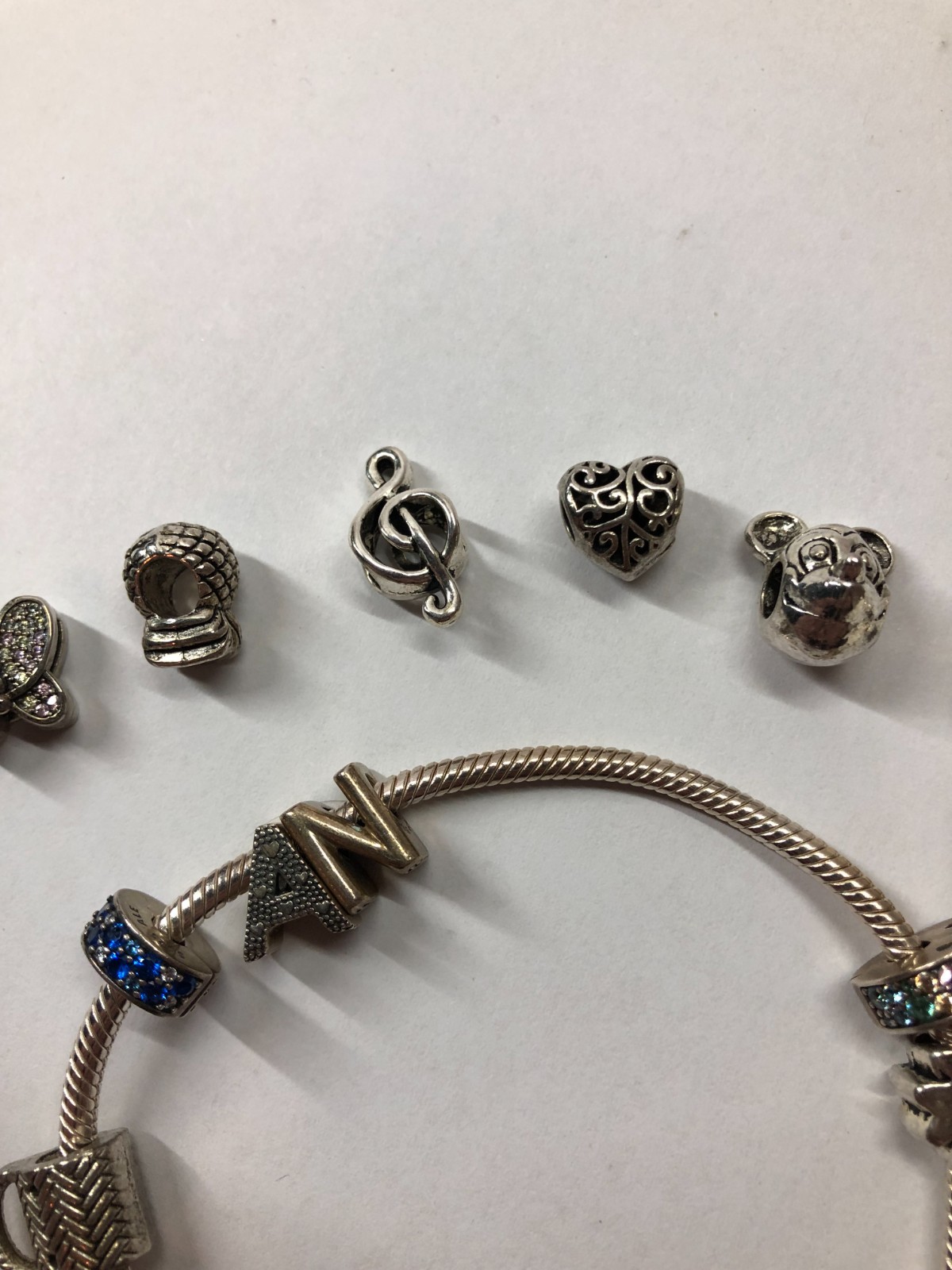 Pandora Snake Chain Slider Bracelet With Various Charms Initials N & A Carry Bag