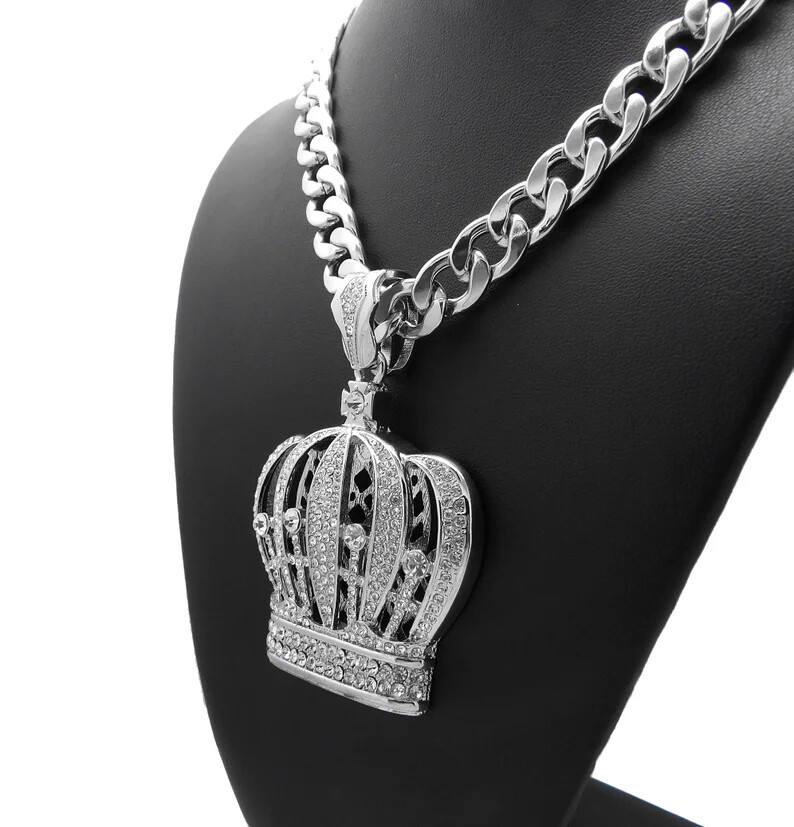 Hip Hop Silver Plated Alloy Cubic Zirconia King Crown Charm Cuban Chain Necklace