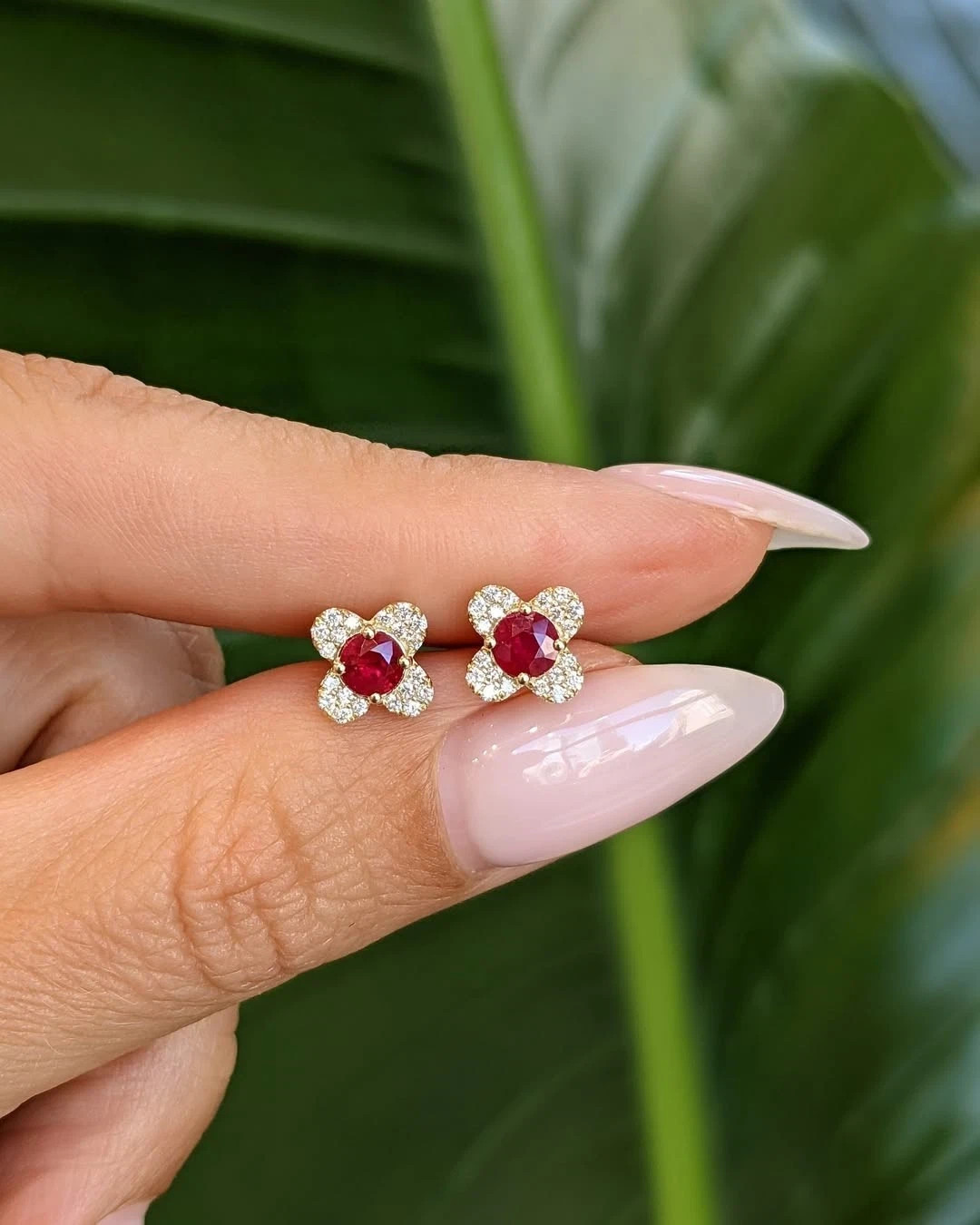 14K Yellow Gold Round Cut 0.99 Ct Natural Ruby & Diamond Wedding Earring Stud