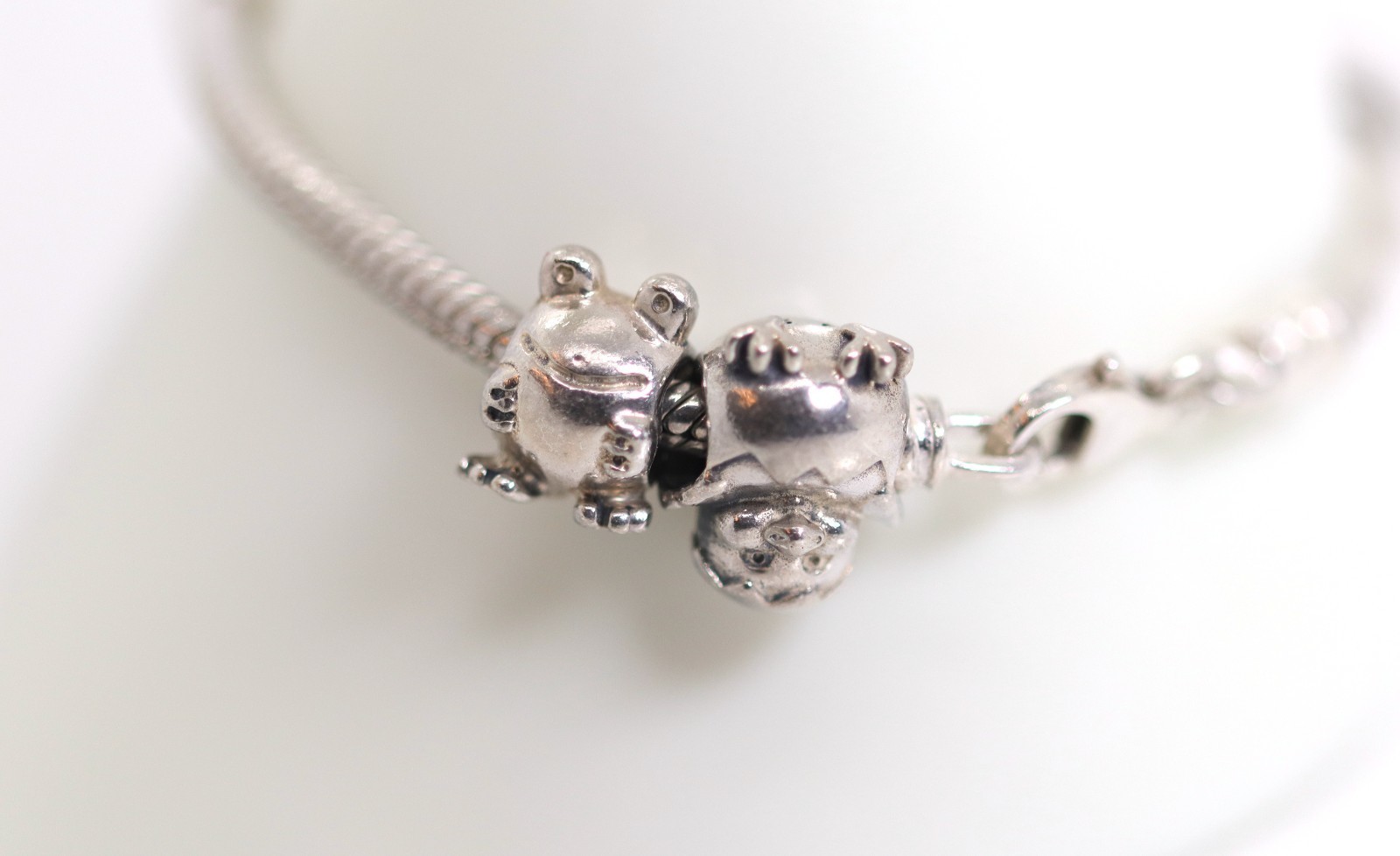 Pandora Sterling Silver Bracelet 925 + 6 Charms Shamrock Chick Fish Heart Frog