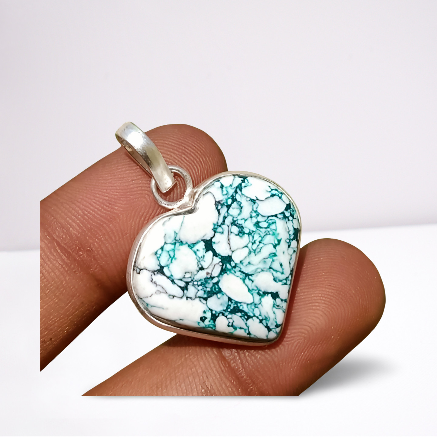 White Turquoise Gemstone Heart Pendant 925 Sterling Silver Plated Jewelry 1.5″In