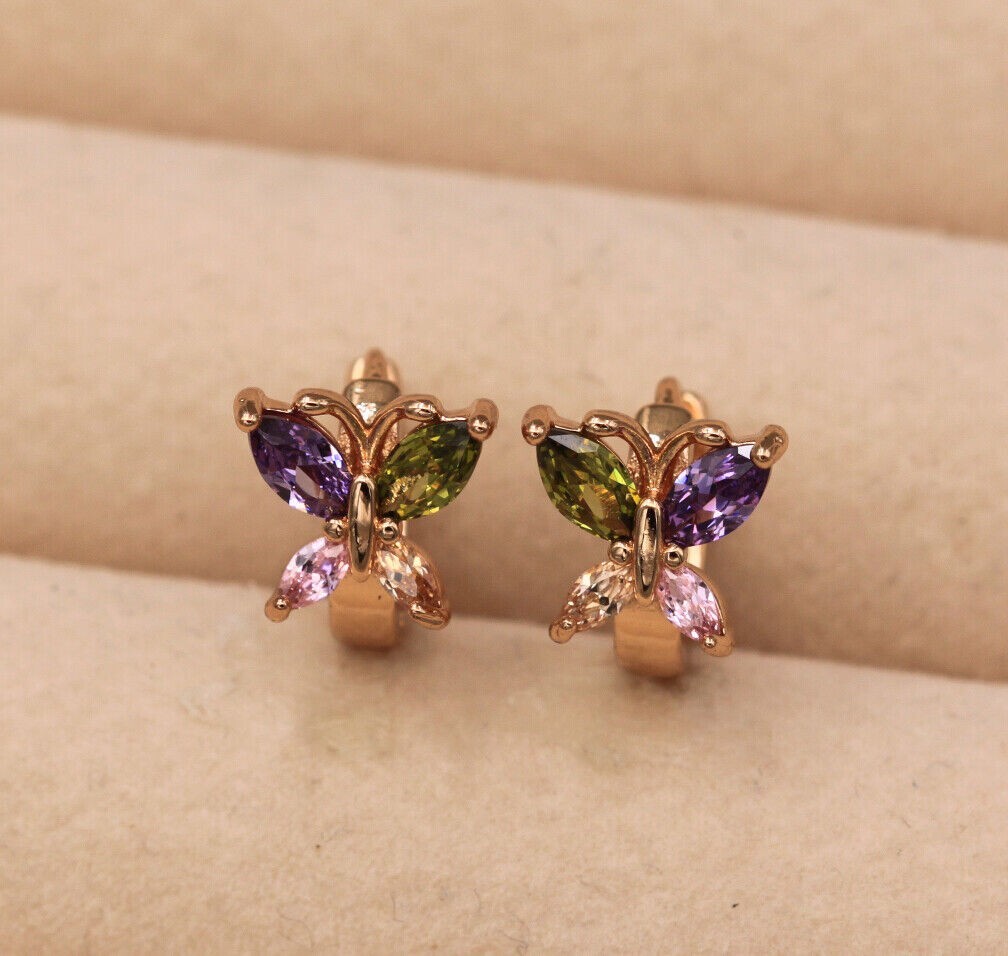 New 18K Yellow Gold Filled Multicolor Marquis CZ Butterfly Huggie Hoop Earrings