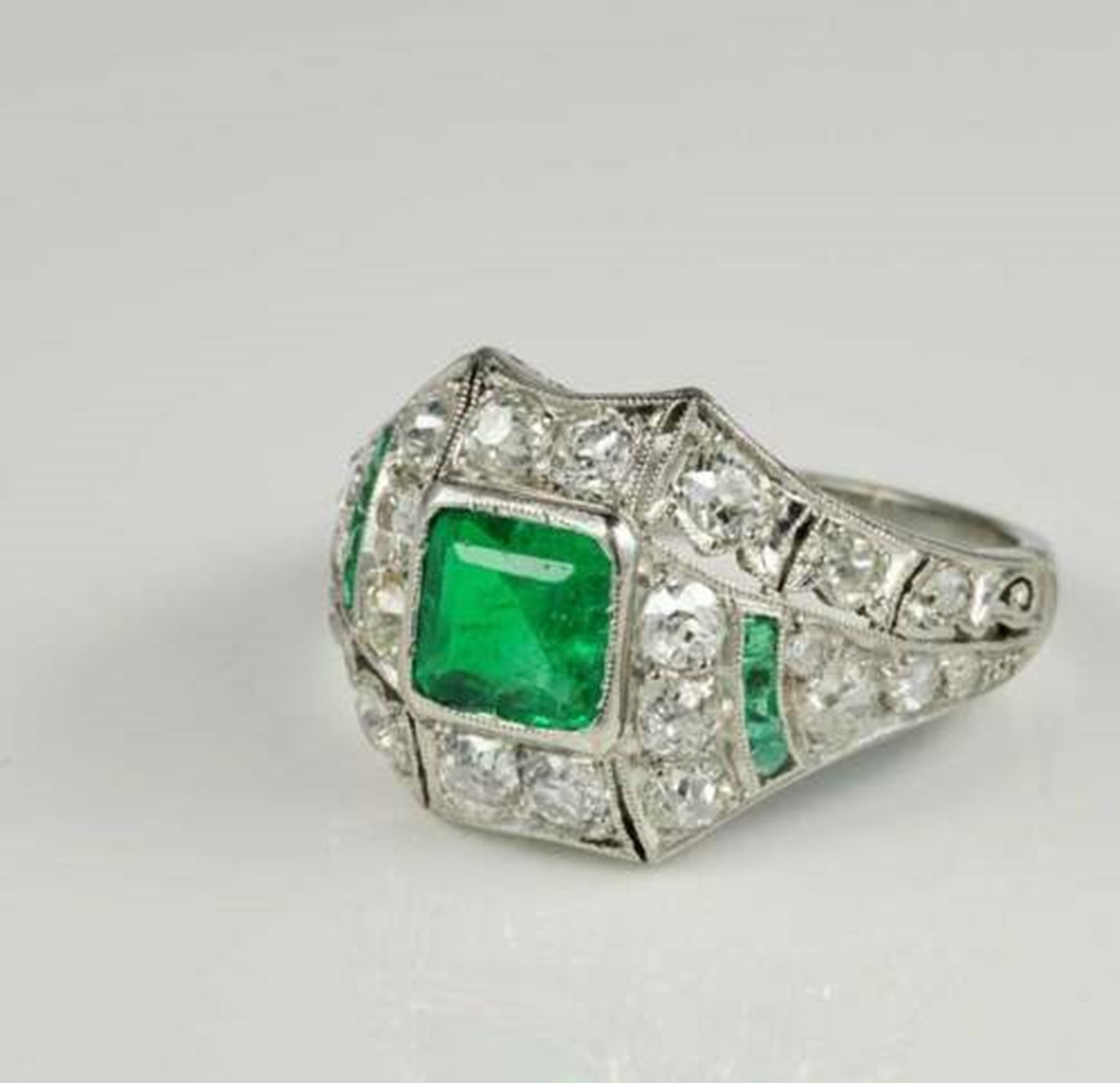 Green Princess Cut Simulated Diamond 14K Gold Art Deco Bezel Set Engagement Ring