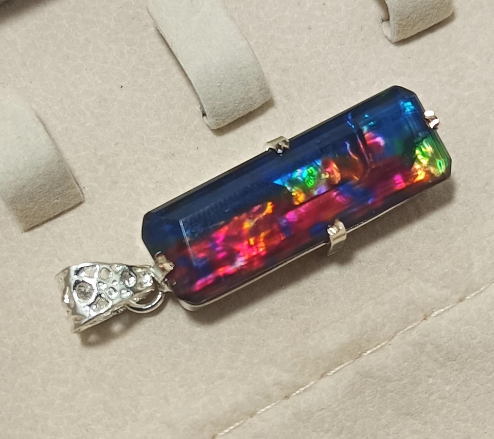 Certified 82.6 Ct Natural Ammolite 925 Silver Emerald Cut Pendant Loose Gemstone