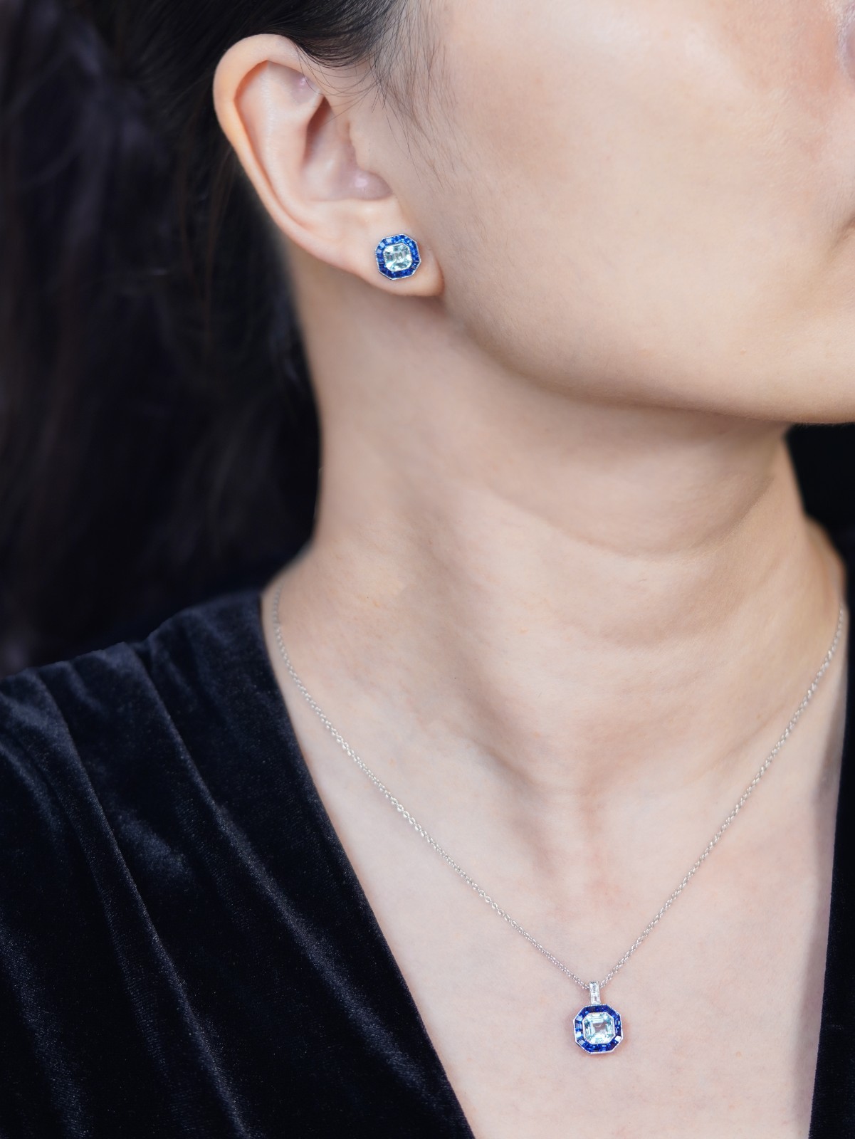 14K White Gold Aquamarine Blue Sapphire Jewelry Set Necklace Stud Earrings