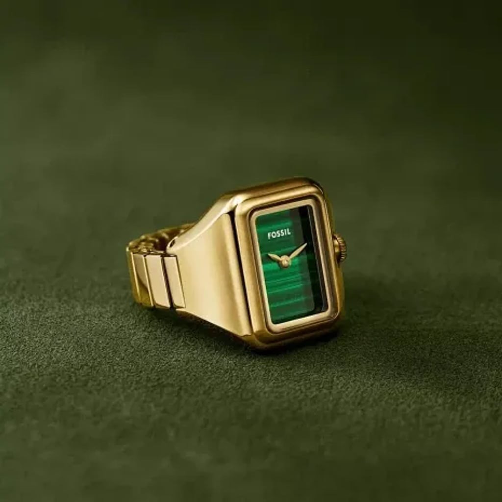 NWT Fossil Gold Tone Ring Watch Green Dial Adjustable Ring ES5448 MSRP $150