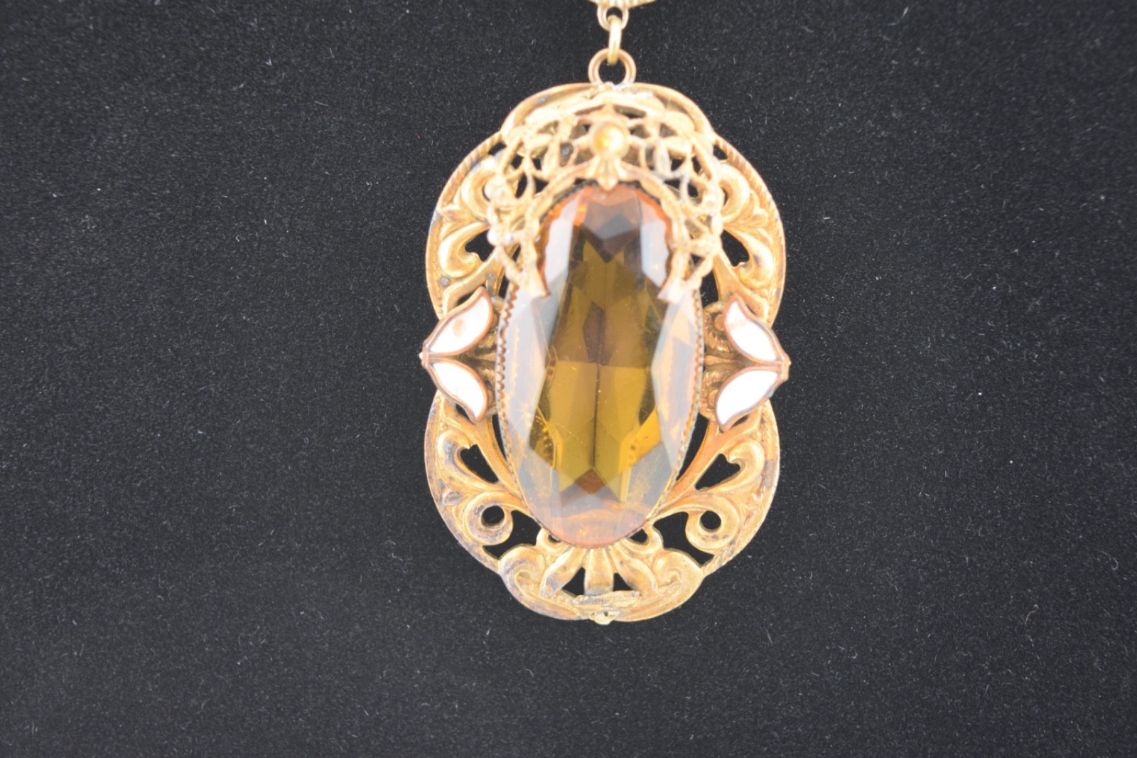 Antique Czech Necklace / Choker with Amber Colored Glass and White Enamel Accent