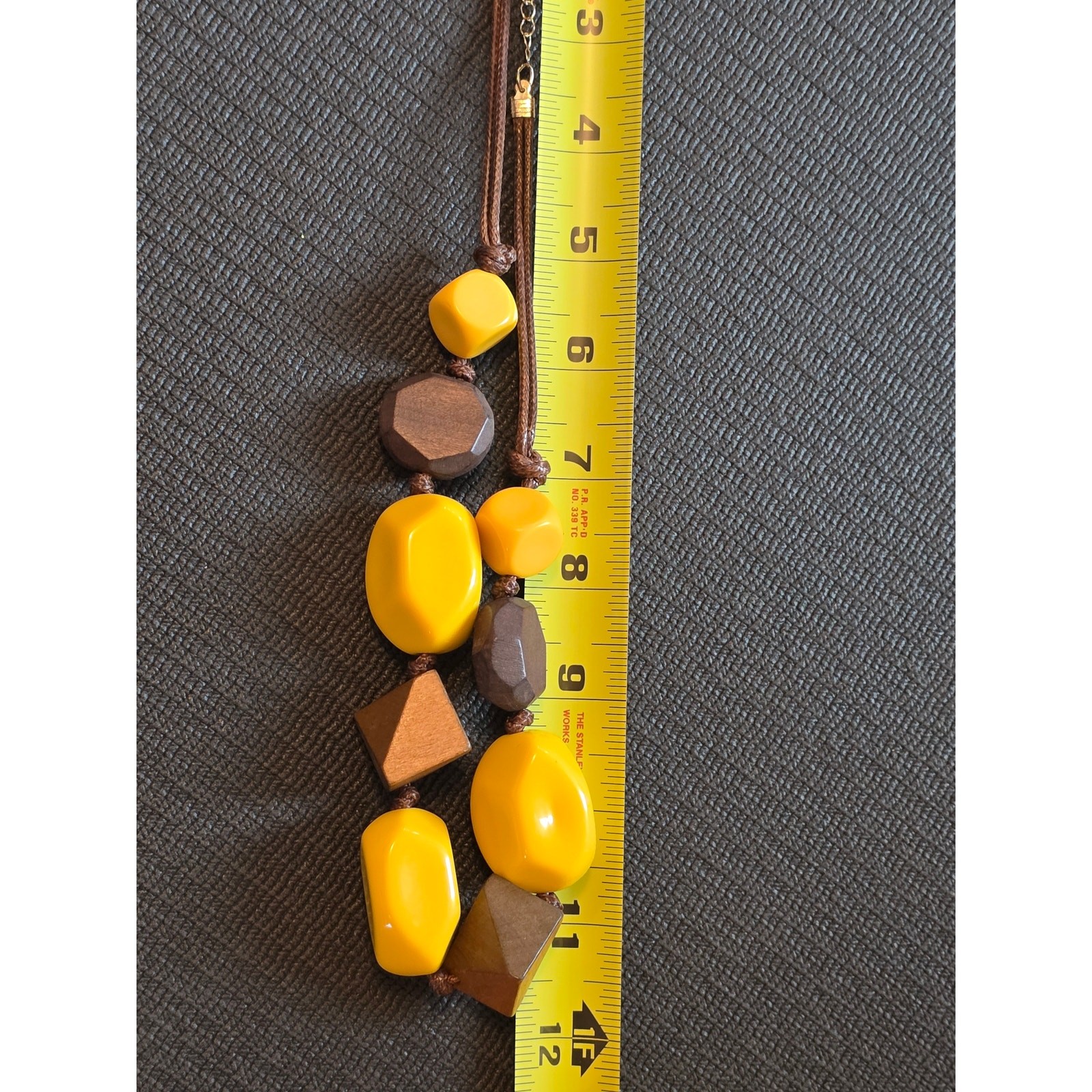 VTG C Est. 1946 Wood Yellow Chunky Geometric Beaded Faux Leather Necklace 24″