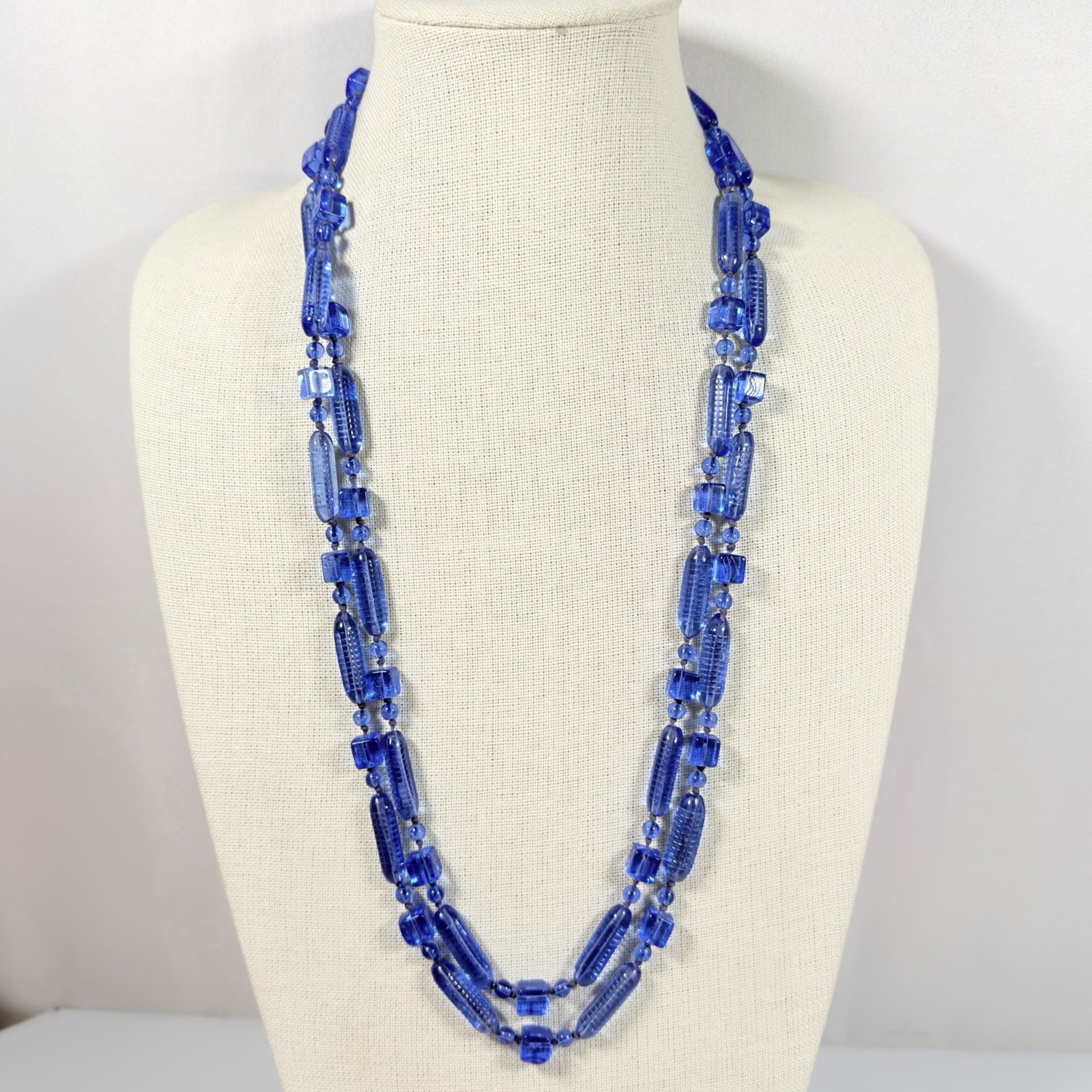 Antique Art Deco Necklace Cobal Blue Tubular Czech Glass Beaded 58″