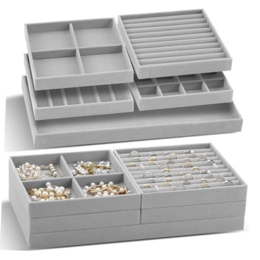 Cinnvoice Set of Stackable Jewelry Organizer Trays for Drawer 14 Inch 10 Gray