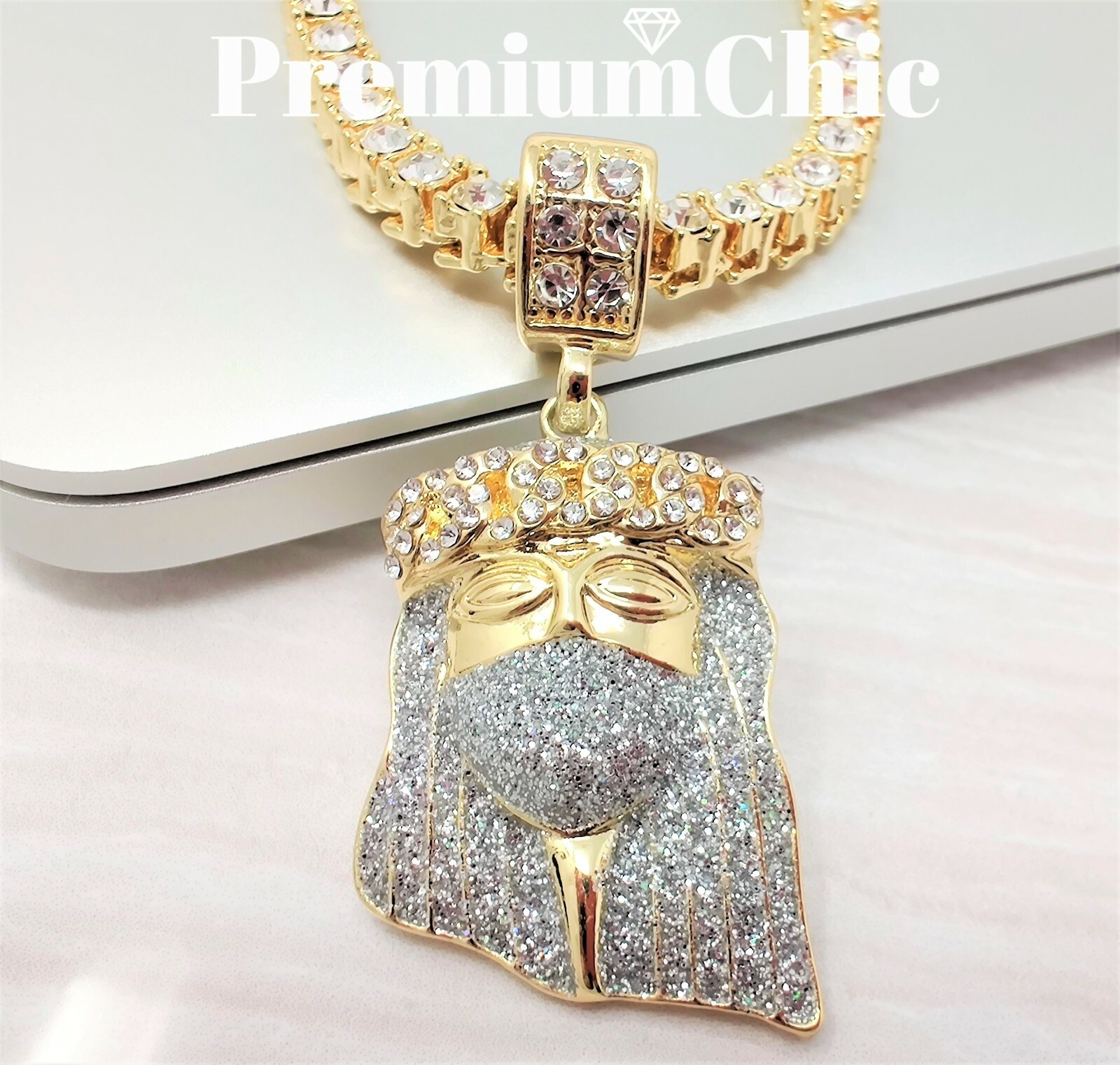 ICED Jesus Pendant & Tennis Choker Chain Necklace Gold Plated Men CZ Jewelry