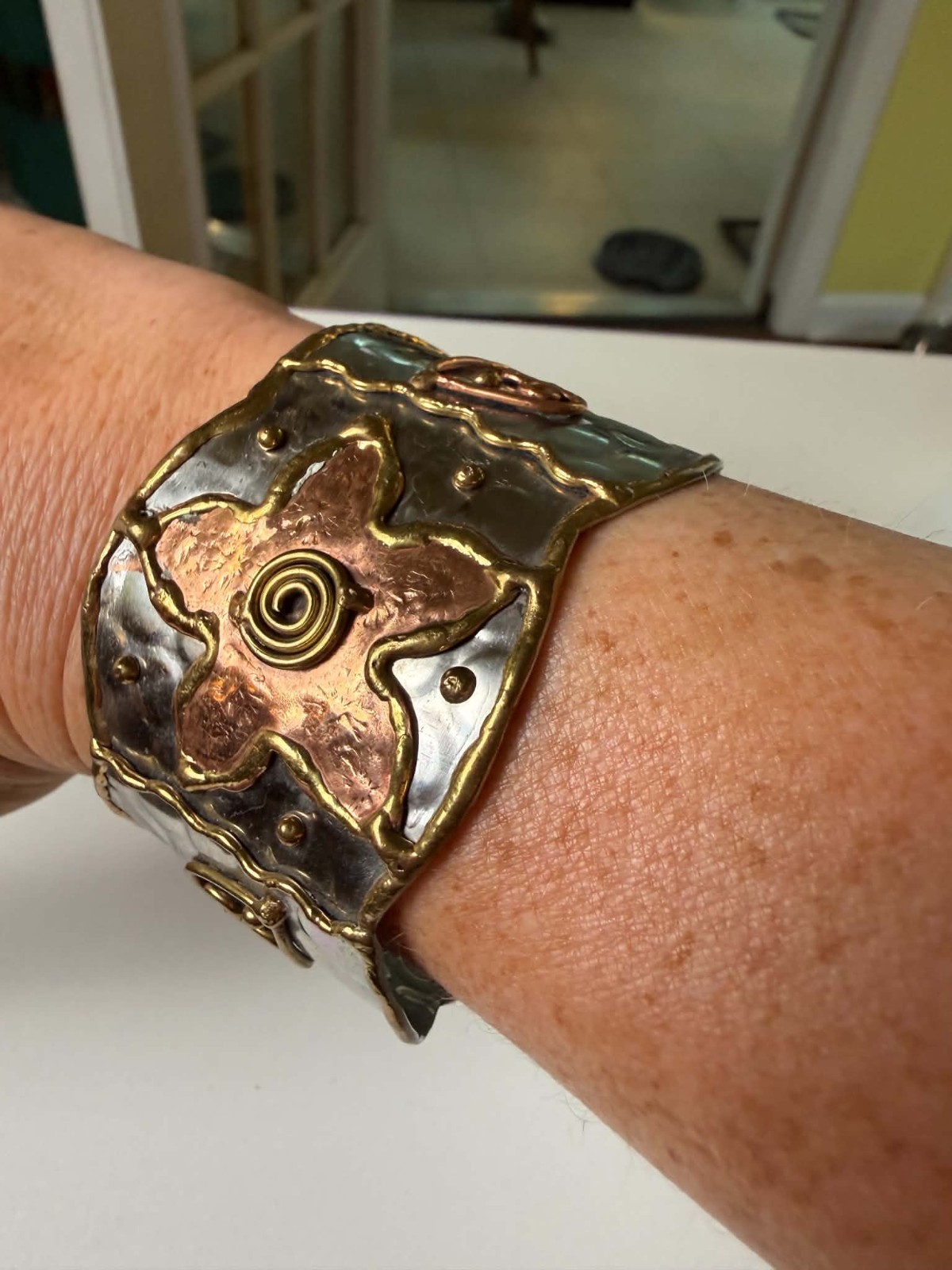 Handmade Mixed Metal Artisan Cuff Bracelet Copper Brass Silver Tone Boho Wide