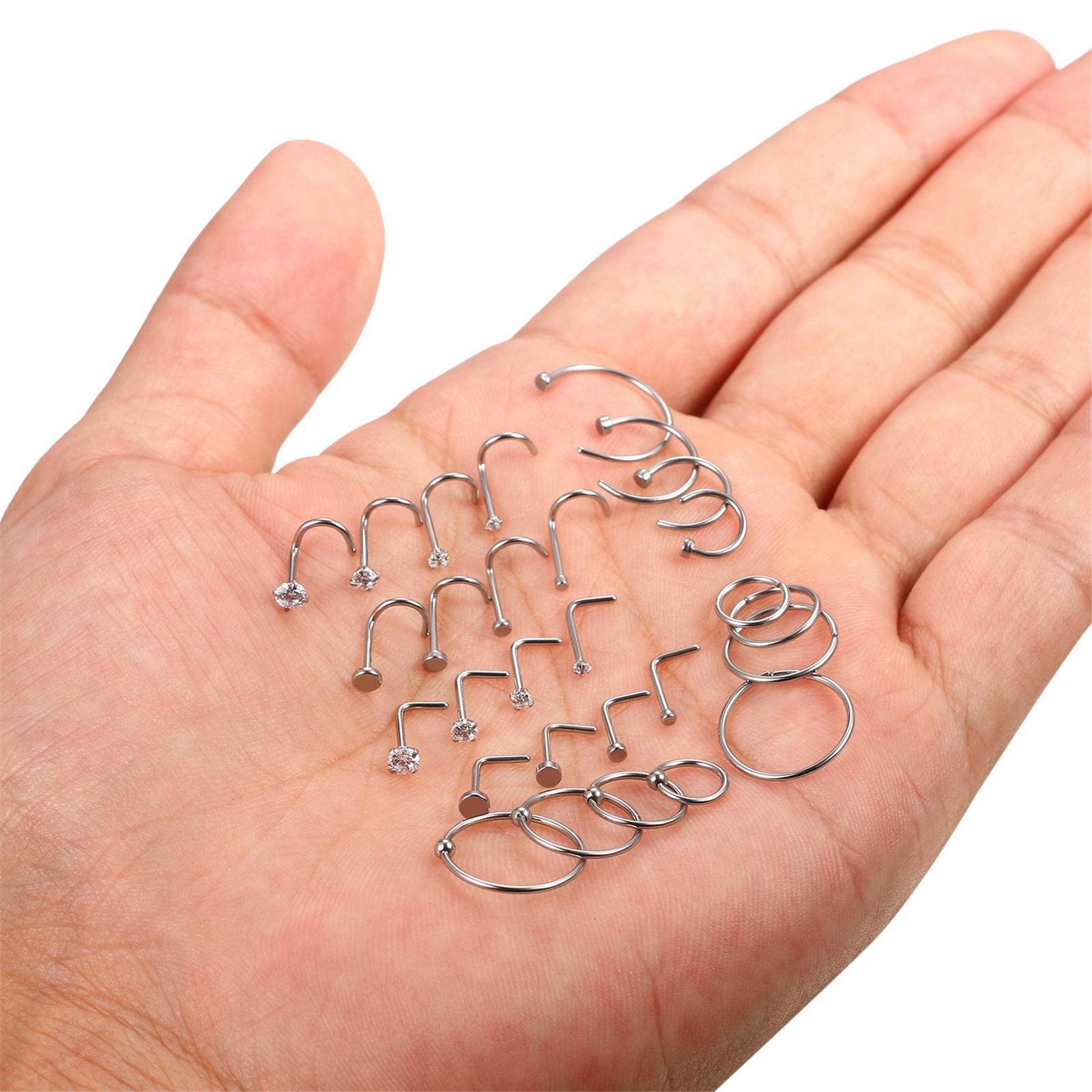28Pcs 18G Surgical Steel CZ Nose Hoop Ring L Shape Bone Septum Piercing Jewelry