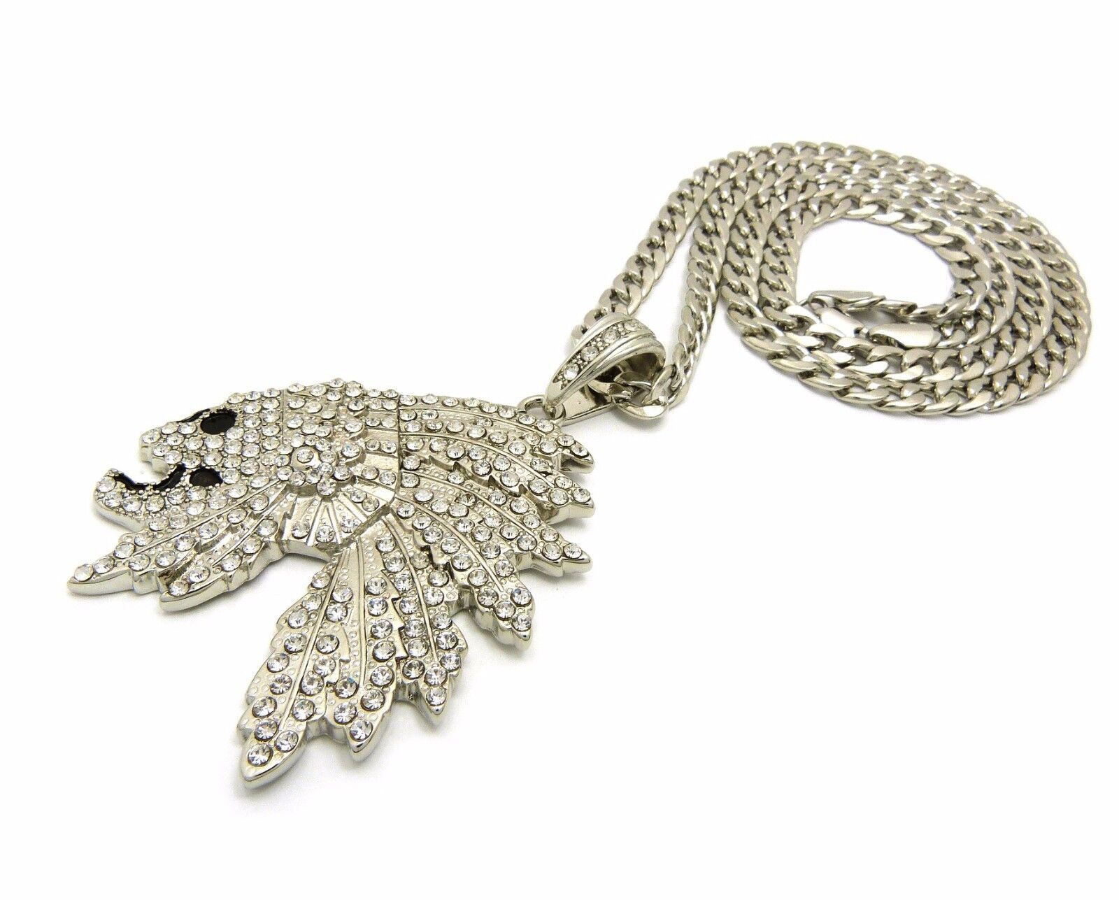 SILVER PLATED ALLOY CUBIC ZIRCONIA SKULL CHIEF & CUBAN CHAIN HIP HOP NECKLACE