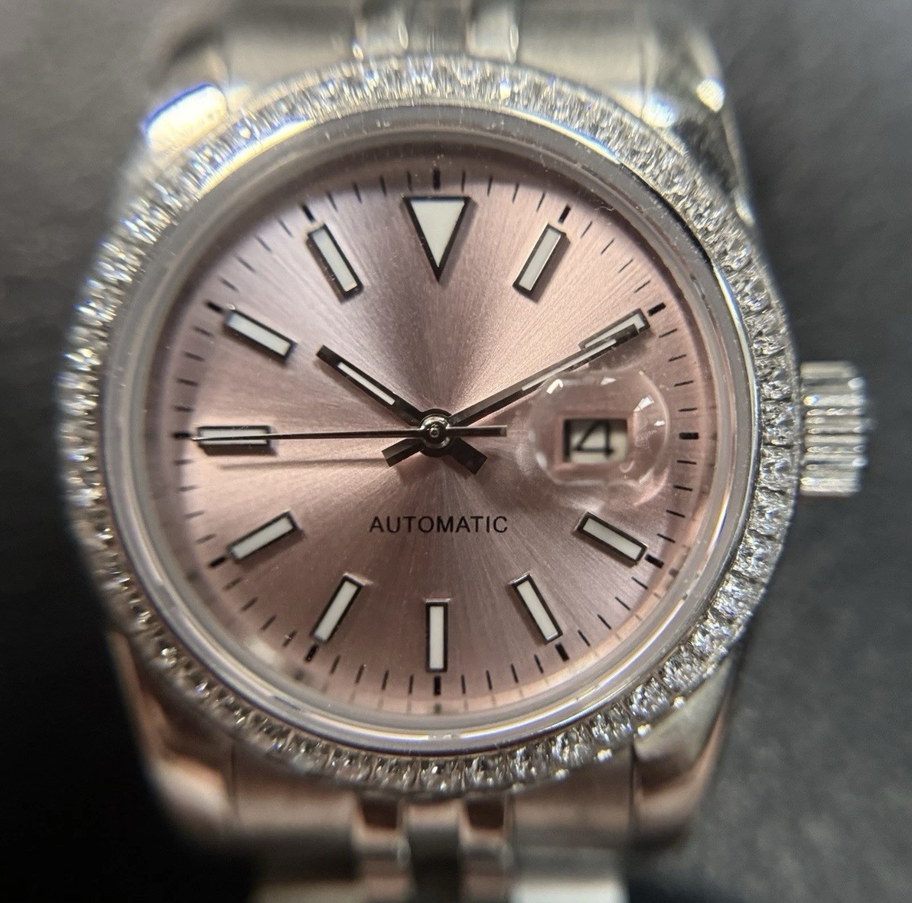 Custom 31mm “Lady DJ” Pink Dial CZ Diamonds Mod Watch w/ NH05 Automatic