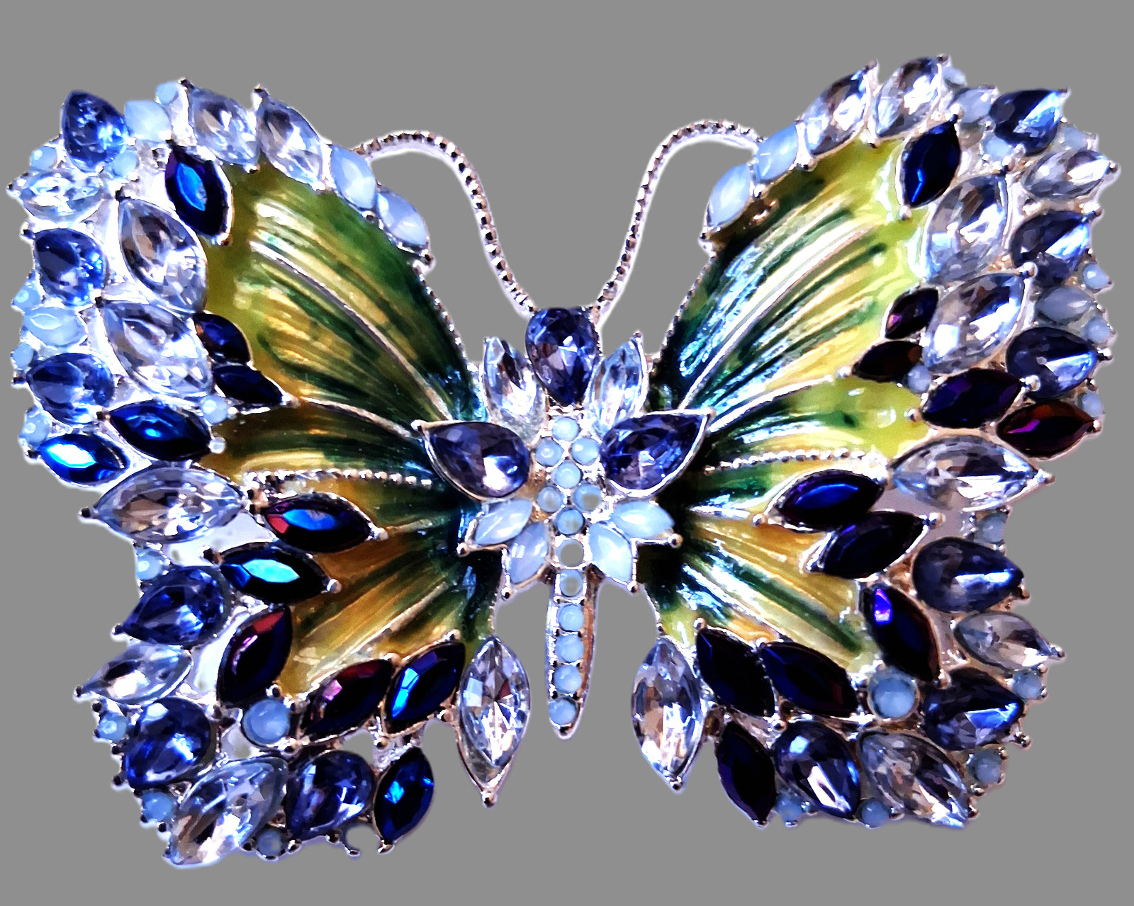 Butterfly brooch with multi-colored rhinestones & enamel accents (sliver-tone)