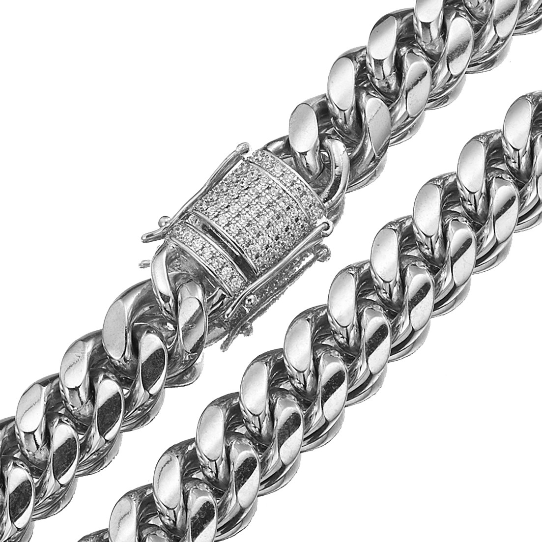Miami Cuban Link Chain Necklace Rhinestone Clasp 18K Gold Plated Stainless Steel